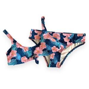 Ocean Gear Blue and Pink Tropical Floral Print Tie Front Two Piece Bikini Large